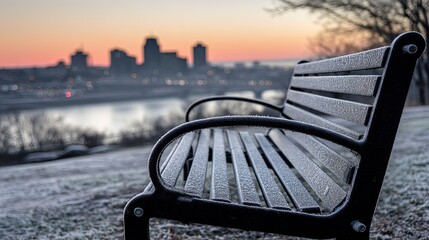Frozen Park Bench At Sunrise City View