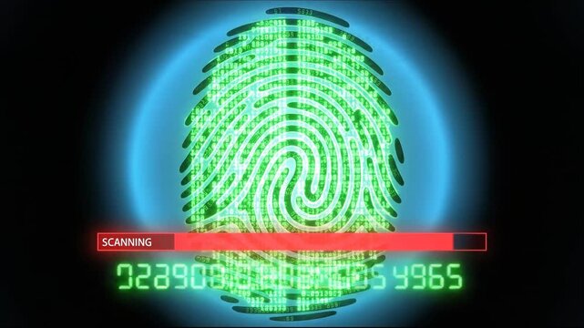 Digital Fingerprint Scanning: A futuristic rendering of a digital fingerprint, aglow with neon light, is being scanned, signifying modern technological advancement in identification and security.