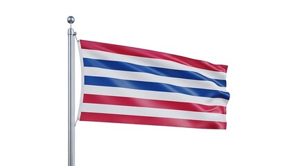 Fototapeta premium The flag of Thailand waving gently on a silver flagpole against a Transparent Background