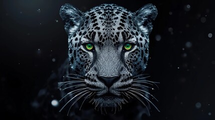 Fototapeta premium A close-up, symmetrical portrait of a leopard with striking green eyes, black spots on white fur, and long white whiskers, set against a dark, bokeh-style background with glowing particles.