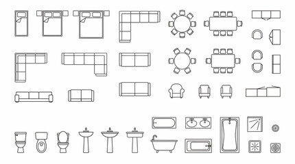 Minimalist 2D Architectural Furniture Symbol Set featuring Technical Line Art Icons for Residential Interior Space Planning and Floor Plan Drafting © Dileesha