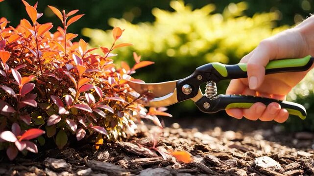 Hand using pruning shears to trim shrub in garden daylight