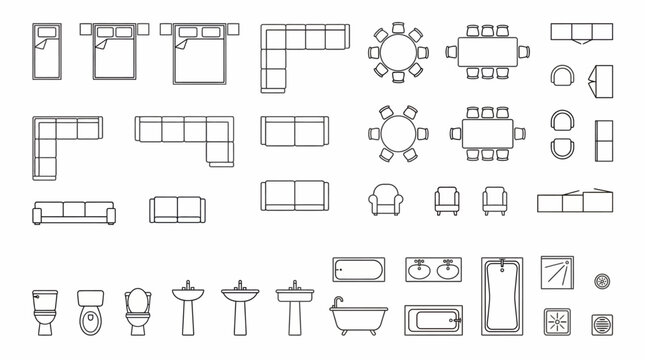 Minimalist 2D Architectural Furniture Symbol Set featuring Technical Line Art Icons for Residential Interior Space Planning and Floor Plan Drafting
