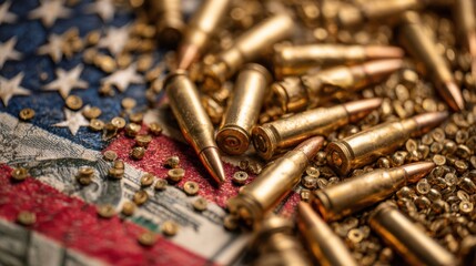 Fototapeta premium Bullets and flag: ammunition on american flag background reflecting symbolism and controversy.