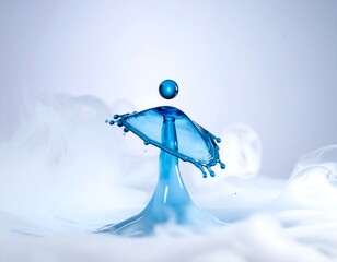 Artistic capture of water droplets colliding, creating intricate forms. Elegant shapes amidst mist