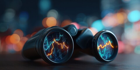 The Binoculars Revealing Digital Stock Charts and Market Trends Against Blurred City Lights