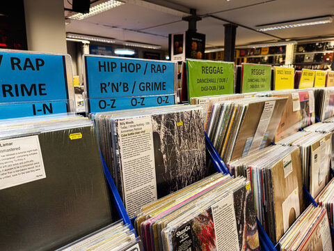 Vinyl Records in a Store with Hip Hop Rap and Reggae Sections