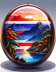Artistic, circular depiction of a scenic mountain landscape, water, and sunrise