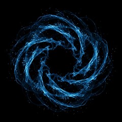 Artistic, circular illustration featuring swirling, ethereal, blue water against a black background