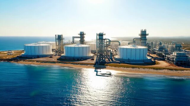 Coastal industrial complex oil and gas storage facility aerial view