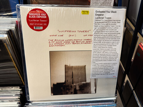 Godspeed You Black Emperor Luciferian Towers vinyl album cover with handwritten notes and moody photograph