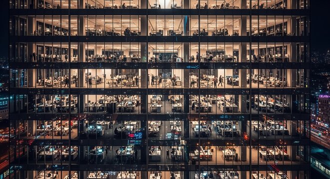 Luminous skyscraper at night, showcasing vibrant interior lights and bustling urban life.