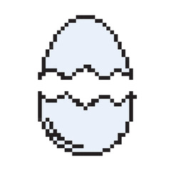 Obraz premium Pixel Art Cracked Easter Egg Icon Description: Pixel art cracked Easter egg icon. Retro 8-bit style broken eggshell with blue fill. Digital game asset isolated on white background.