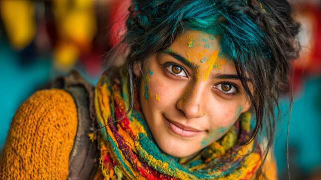 Indian Woman Celebrates Holi Festival with Color Powder on Face