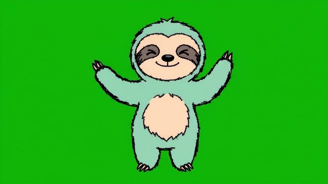 Cute cartoon sloth waving hello on a green background.