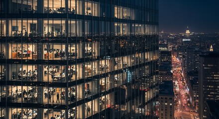 Obraz premium Vibrant city skyline at dusk with illuminated skyscrapers and bustling streets filled with activity.