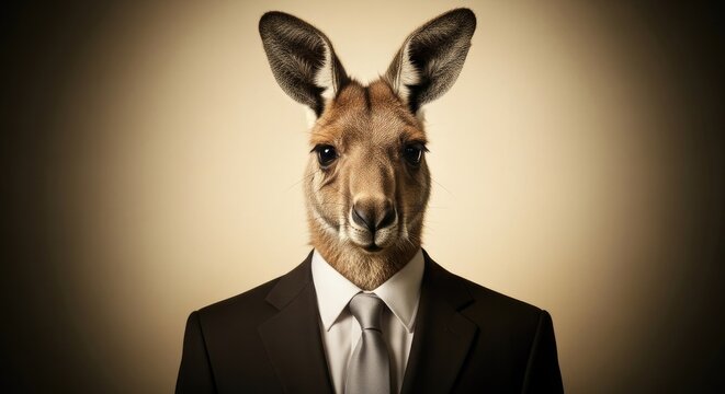A kangaroo in a business suit and tie standing against a beige background