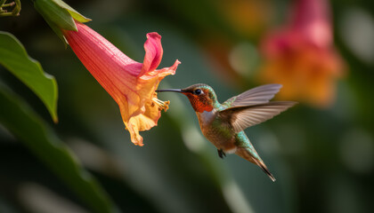 Fototapeta premium Close-up of hummingbird feeding from bright tropical flower