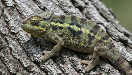 Fototapeta premium Close-up of chameleon changing color on textured bark
