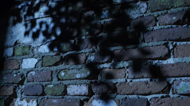 Mysterious Tree Shadow Dancing on an Old Brick Wall at Night.
