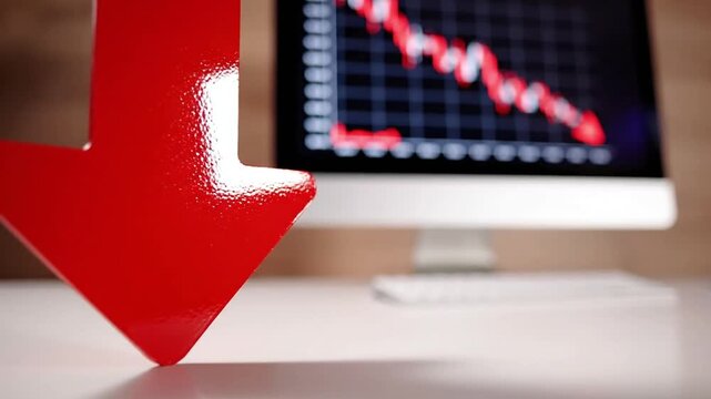 Declining Market Trend - Red Downward Arrow Symbolizes Financial Loss and Economic Recession on Computer Screen Displaying a Falling Graph