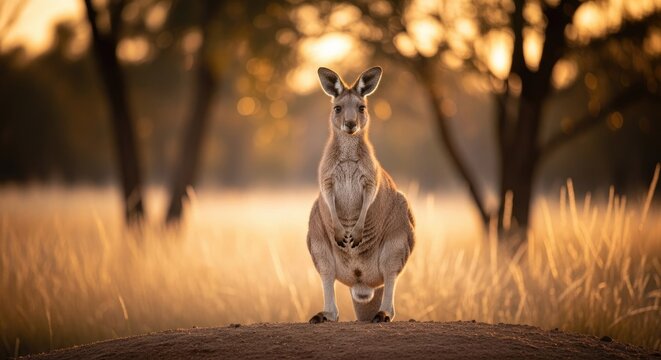 Kangaroo standing on a dirt path in a sunlit savannah