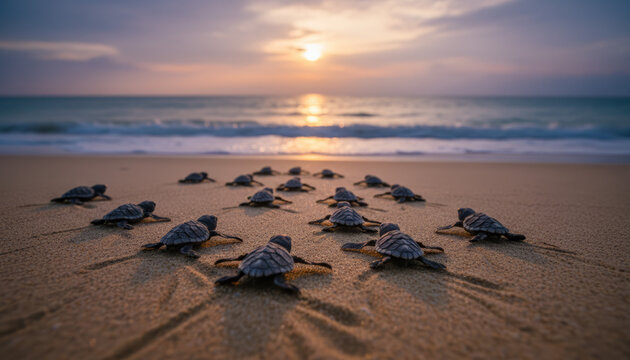 Sea turtle hatchlings making their way to ocean at twilight