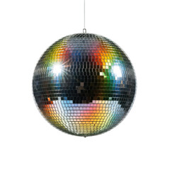 Obraz premium Disco ball hanging from the ceiling with bright reflections isolated on transparent background