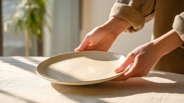 Hands placing an empty ceramic plate on a sunlit table, table setting, calm home ritual