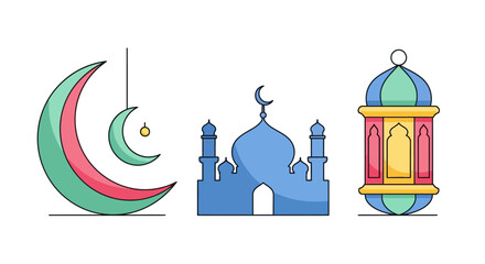 Colorful Romantic Night Scene with Crescent Moon and Traditional Lantern