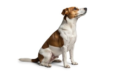A brown and white dog sitting and looking upwards