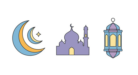 Elegant Night Sky Scene with Crescent Moon Traditional Mosque and Lanterns for Cultural Celebrations