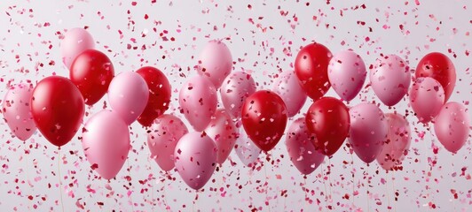 Obraz premium The Balloons Floating Amidst Red and Pink Confetti on Pastel Background
