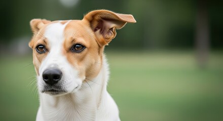 A close up portrait of a white and brown dog with floppy ears outdoors