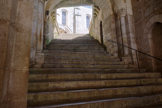 Large stone staircase in the city of Rocamadour Lot Occitanie in Southern France in summer. The city was founded in the early middle ages by the hermit Amadour.