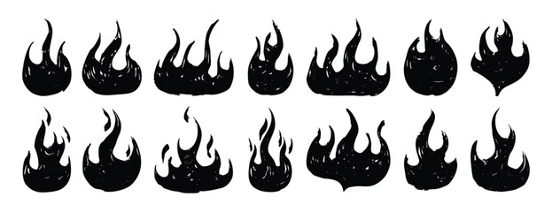 flame icons, textured brush doodle fire flame icon set. flame graphics, rough chalk texture icons for hazard and safety signage © Yanka