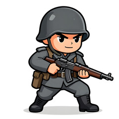 Naklejka premium A sturdy special forces soldier with a combat weapon, fully equipped in special combat gear. Cartoon mascot, illustration, clean lines, flat design, modern, high quality