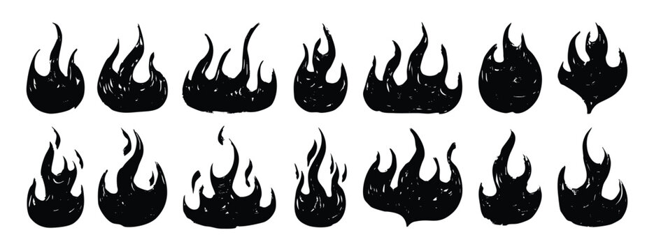 flame icons, textured brush doodle fire flame icon set. flame graphics, rough chalk texture icons for hazard and safety signage