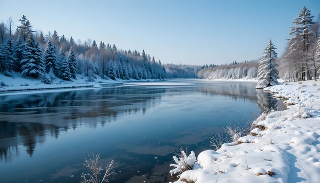 A serene winter landscape with a frozen river surrounded by snow-covered trees. bde maka ska