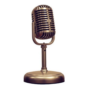 Vintage gold microphone on stand isolated on transparent background