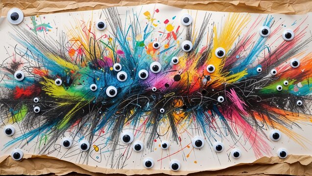 Bright mixed media explosion with colorful crayon streaks and googly eyes