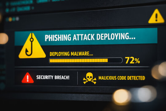 Cybersecurity Breach: Phishing Attack Deploying Malware Detected on Screen, Showing Security Warning Icons, Progress Bar, and Malicious Code Alert for Digital Risk and Hacking Threat.