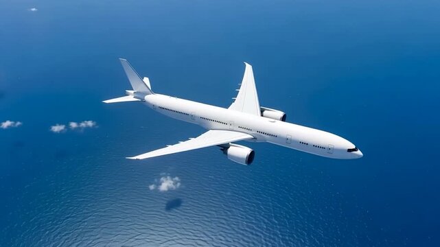 Top Down Perspective of White Twin Engine Passenger Plane Flying Over Dark Blue Water Surface Wide Angle View of Modern Commercial Aircraft in High Altitude Aviation Travel Background