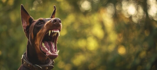 Fototapeta premium The Doberman Showing Aggressive Snarling Expression With Exposed Teeth Outdoors in Park