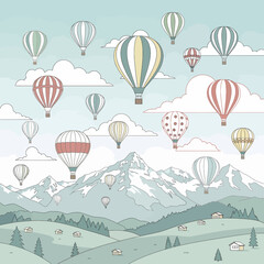 Obraz premium A whimsical illustration of colorful hot air balloons floating above a serene mountain and rolling hills landscape with small houses and trees.