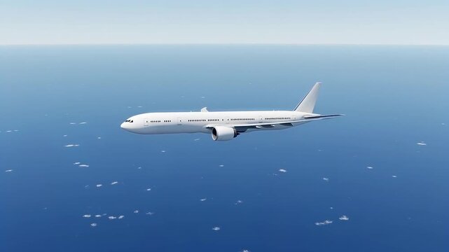 Side Profile View of Large Passenger Jet Plane Flying Over Blue Sea Horizon Commercial Aircraft in Flight Mid Air Transportation and Aviation Industry Concept White Airplane Copy Space
