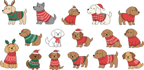 Obraz premium Cute Christmas Dogs Vector Illustration Set with Puppies Wearing Winter Sweaters, Santa Hats, and Festive Holiday Outfits for Seasonal Designs