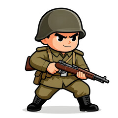 Naklejka premium A sturdy special forces soldier with a combat weapon, fully equipped in special combat gear. Cartoon mascot, illustration, clean lines, flat design, modern, high quality