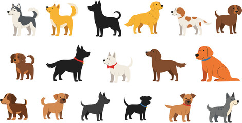 Obraz premium Cute Dog Breeds Vector Illustration Set with Cartoon Puppies in Different Poses and Colors for Pet, Animal, and Kids Design Projects