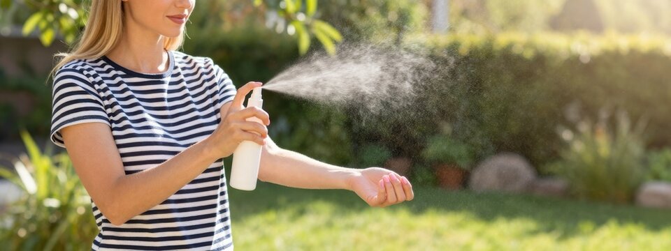 Woman applies mosquito repellent spray on her arm outdoors for protection against insect bites